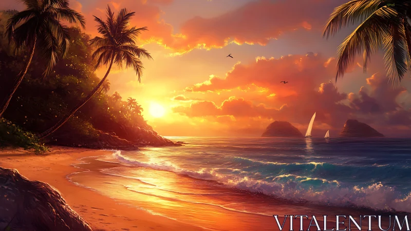 Sunset-tinted shoreline where palm shadows cradle sailing light.