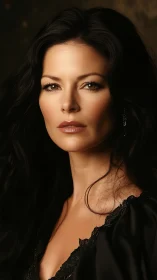 Elegant dark haired woman posed in warm studio portrait