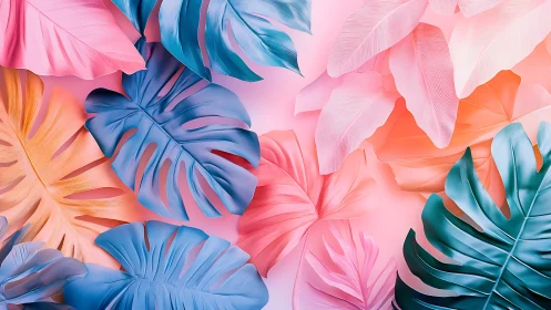 Candy-colored jungle leaves drift across a pastel dream