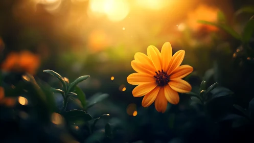 Macro botanical study of golden daisy under backlit bokeh field.