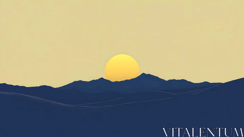 Sun sets behind stylized blue mountain ridge in silhouette