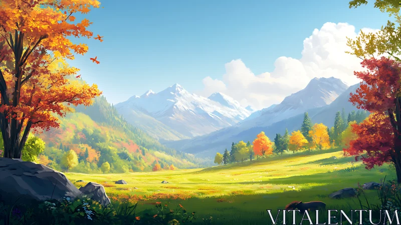 Vibrant autumn valley below sunlit snowcapped mountains.