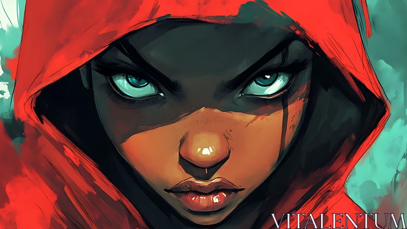 Hooded figure stares forward with cold turquoise eyes