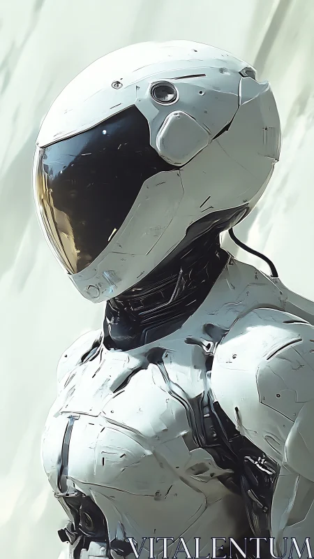 Humanoid robotic figure in white segmented armor suit stands