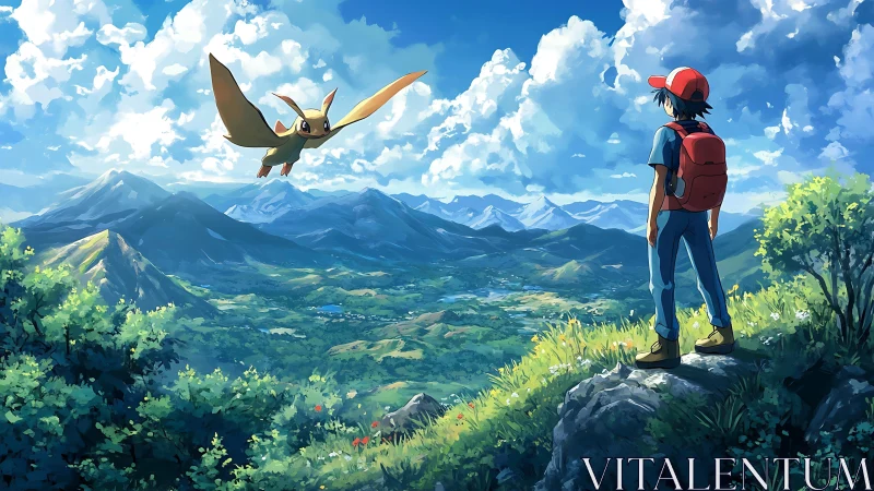 Young traveler and flying friend over sunlit valley view.