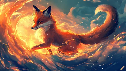 Digital painting of fiery fox amid swirling elemental waves.