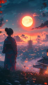 Backlit kimono figure studies luminous moonlit city atmosphere