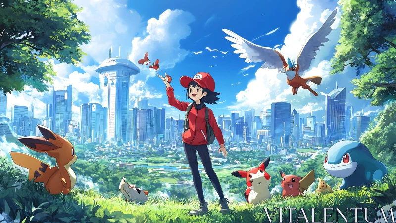 Trainer with creatures overlooking futuristic green megacity.