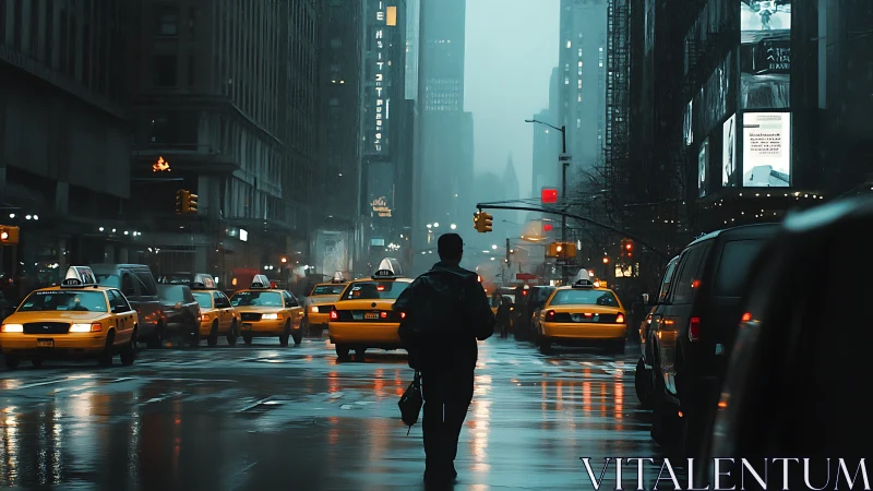 Lone pedestrian among taxis on rainy city evening street.