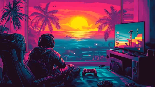 Neon gamer lounge facing sunset coast through window.