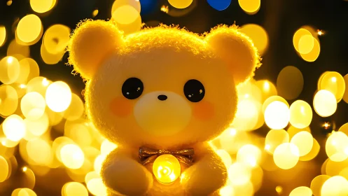 Plush bear figure with handheld light amid bokeh field.
