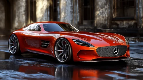 Red Mercedes sports coupe reflects wet urban courtyard