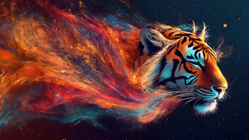 Cosmic tiger drifting through swirling neon stardust skies.