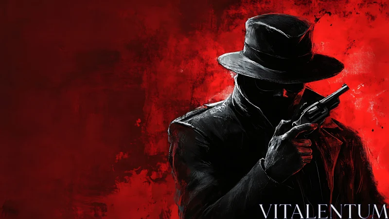 Noir gunman silhouette against visceral red backdrop.