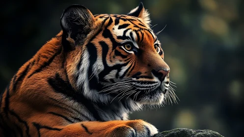 Photorealistic tiger portrait with cinematic shallow focus lighting.