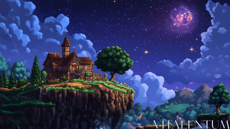 Enchanted Castle on Cliff Under Full Moon Night