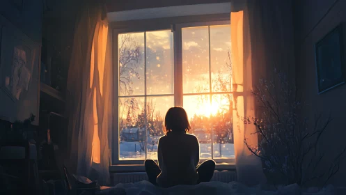 Backlit silhouette studies winter sunrise through frosted window