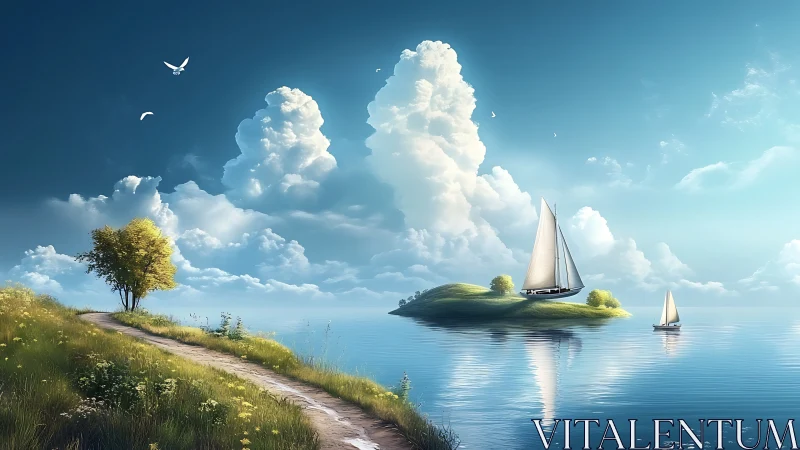 Sailboats on Tranquil Waters with Scenic Coastal Landscape