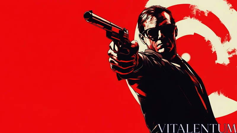 Male figure extends handgun toward viewer against red field