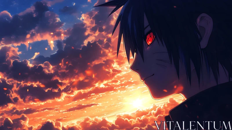 Anime boy with glowing red eyes observes fiery sunset sky
