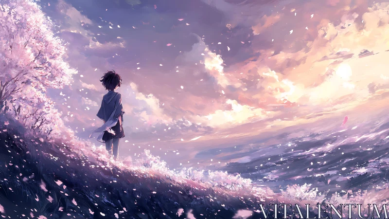 Solitary youth beneath drifting petals at sunset horizon.