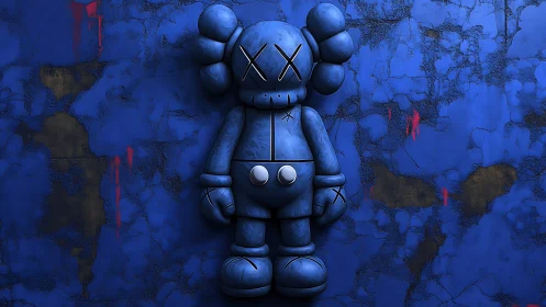 Blue wall toy sentinel with crossed-out cartoon gaze.