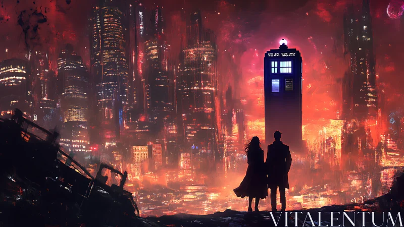 Silhouetted travellers before blue time-capsule in burning megacity