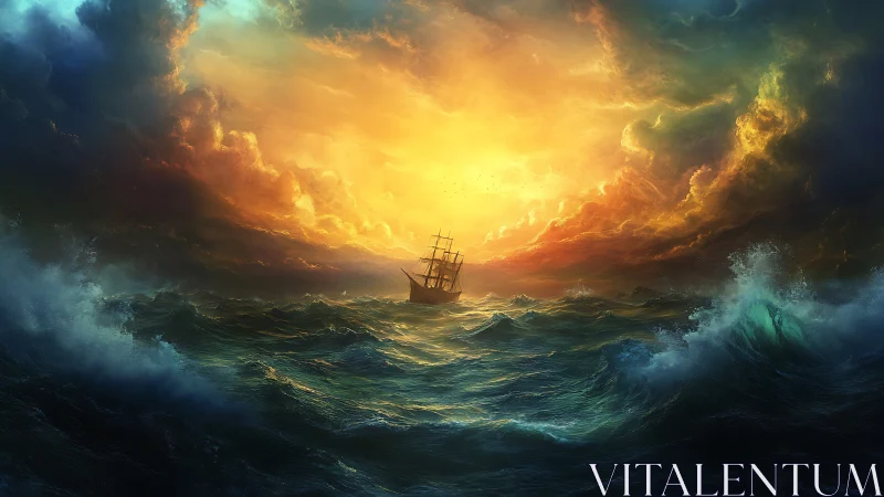 Storm-tossed ship crosses burning horizon under vast clouds