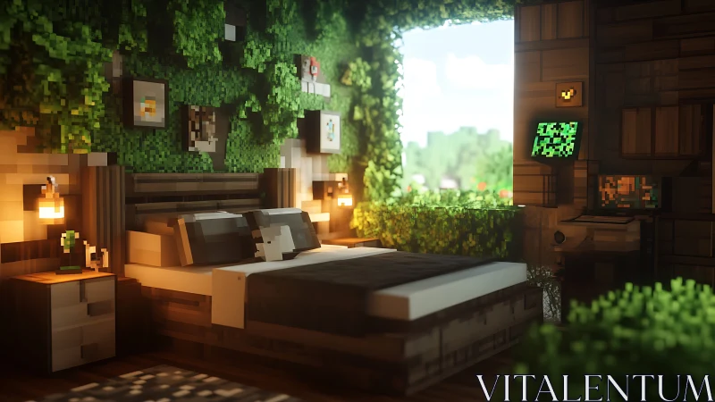 Pixelated bedroom integrates greenery and outdoor window view