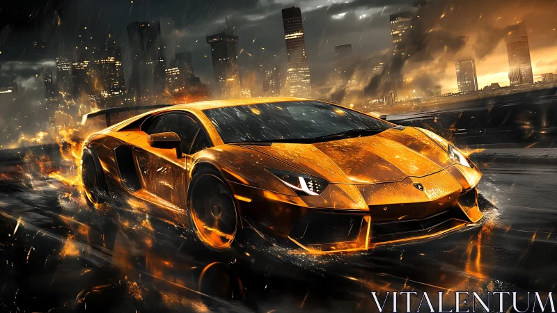 Orange supercar on wet city roadway with dynamic lighting.