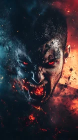 Fiery dual-faced warrior roaring through smoke and embers.