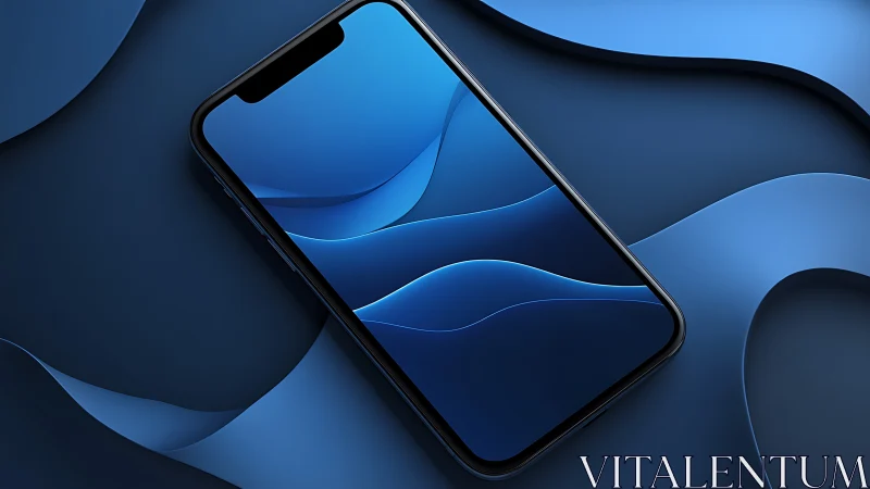 Matte black smartphone on layered blue wave abstract surface