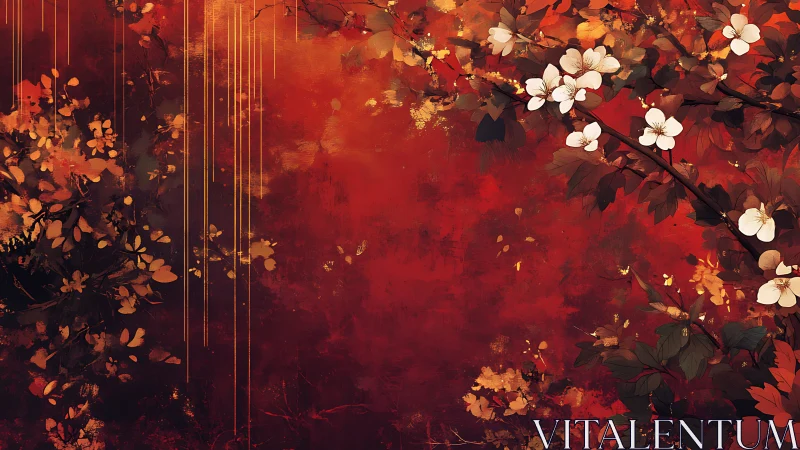 Autumn blossoms drifting softly across a glowing red dusk.