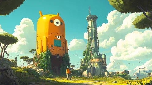 Orange tower structure beside tall sci‑fi tower in field.