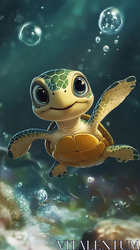 Cute cartoon baby sea turtle swimming underwater.