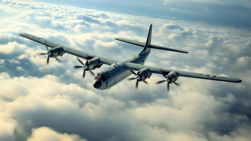 Military four‑engine propeller aircraft flies above clouds