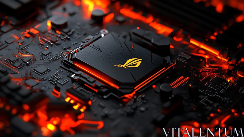 Gaming motherboard chipset with red RGB lighting glow.