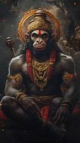 Divine warrior monkey deity in golden regalia, seated in firelit aura.