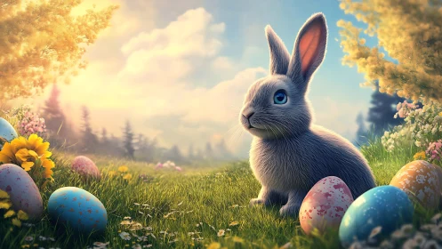 Easter bunny sits in sunny meadow surrounded by eggs