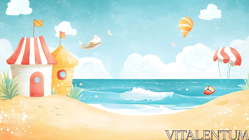 Whimsical seaside cottages under cotton clouds and balloons.