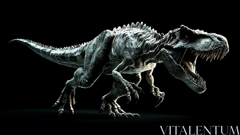 High-contrast 3D tyrannosaurus rex render on black background