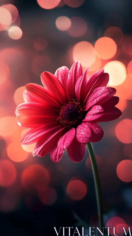 Neon dusk daisy sipping stardust in blurred bokeh night.
