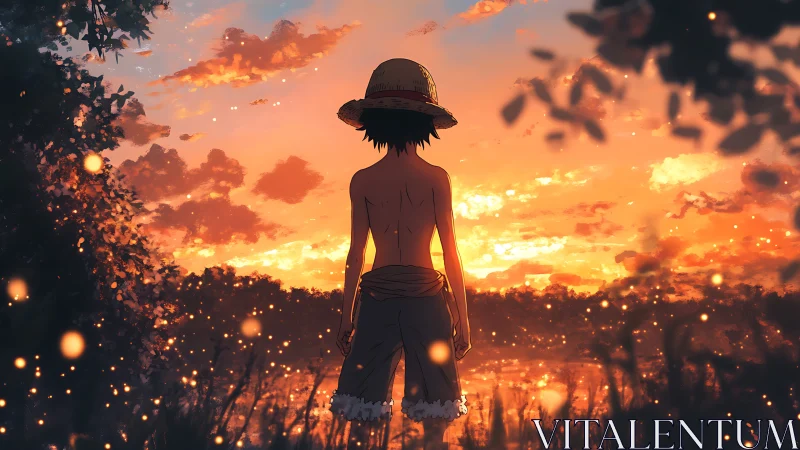 Anime sunset wanderer in backlit riverbank composition.