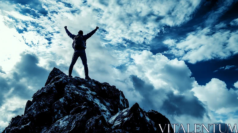 Silhouetted climber celebrates summit beneath dramatic clouds.