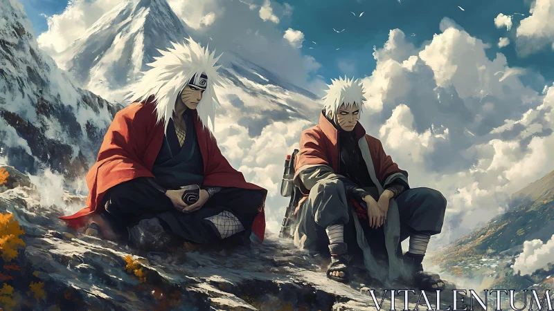 Two white-haired warriors resting on a rocky mountain ridge.