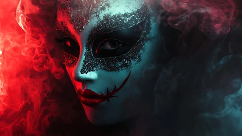Masked face with glitter makeup emerges through colored smoke