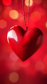 Glossy red heart ornament hanging from metallic chain against bokeh background