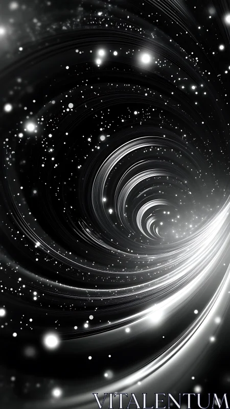 Swirling monochrome vortex with luminous star-like particles