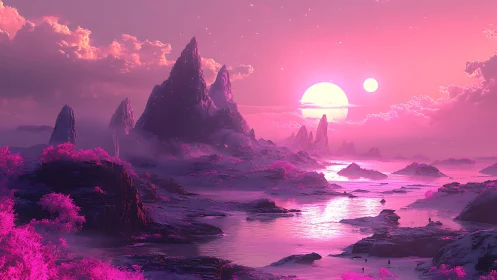 Binary-sun magenta alien coastline with spired rock formations