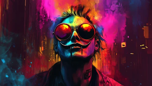 Neon street jester crowned in blazing cyberpunk colorstorm.